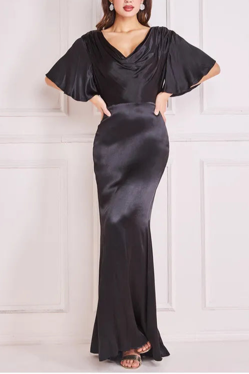 Satin Viscose Cowl Neck Maxi With Train Elegant and gentle Bridesmaids Dress