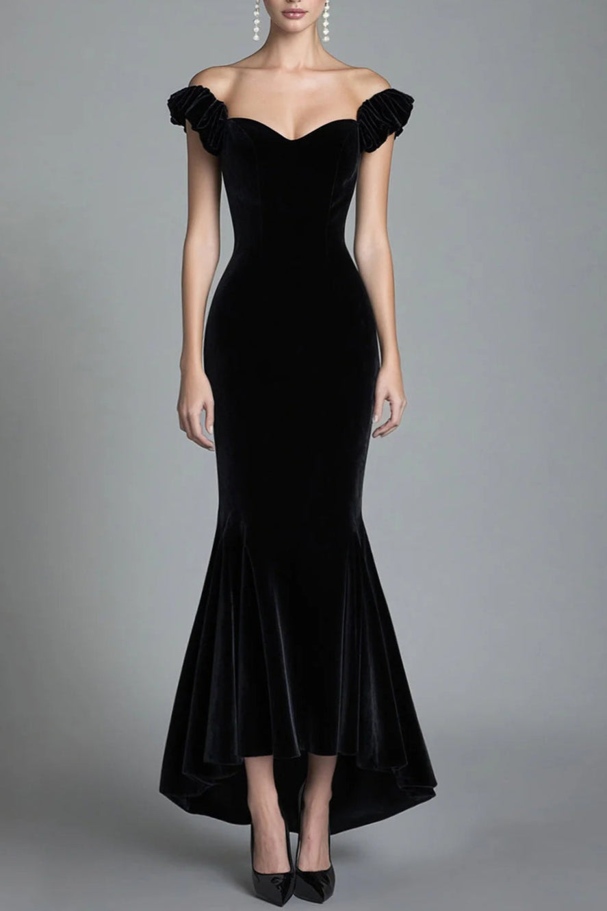 Off The Shoulder Mermaid Black Velvet Long Slim-fit Formal Prom Dress