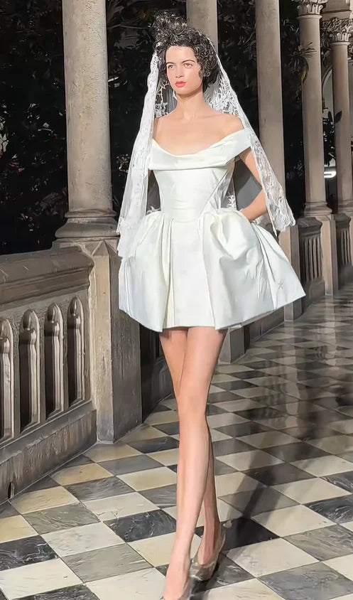 White A Line Off the Shoulder Satin Short Homecoming Dress Birthday Dress