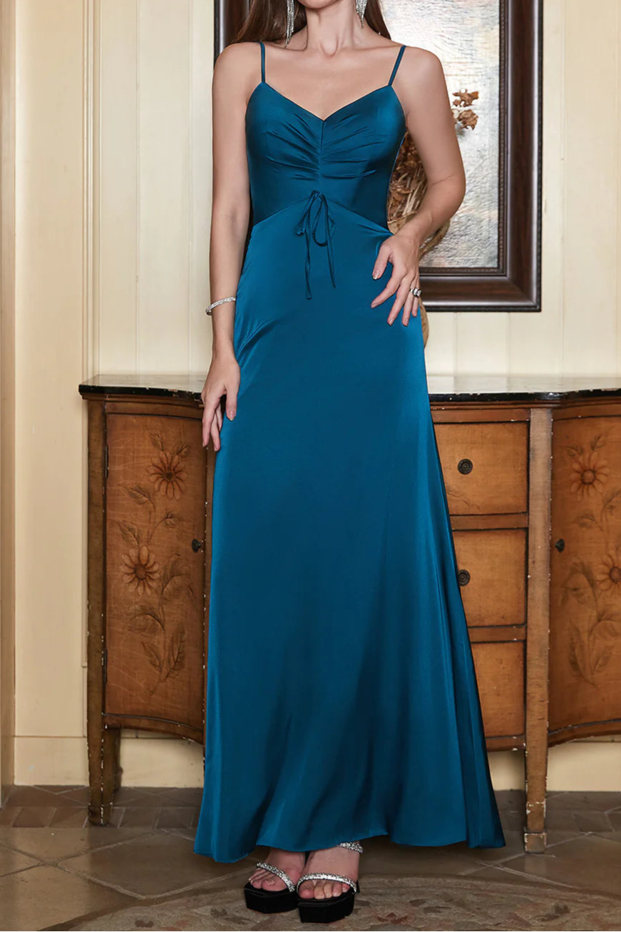 Full of charm Peacock Blue Spaghetti Straps Long Prom Dress