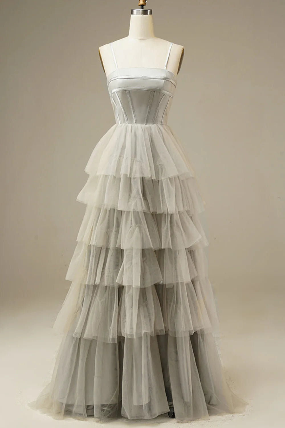 Full of charm Light Grey Tiered Tulle Princess Prom Dress