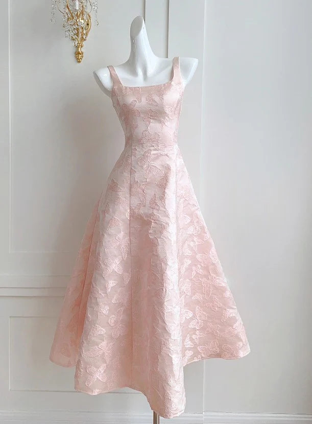 Vintage Butterfly Embroidered Satin Prom Dress Pink A-Line Birthday Dress