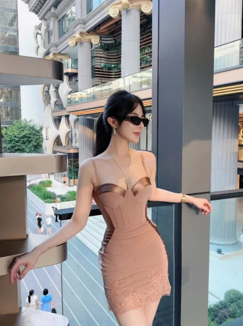 Sexy Sheath Spaghetti Strap Brown Lace Tulle Short Homecoming Dress