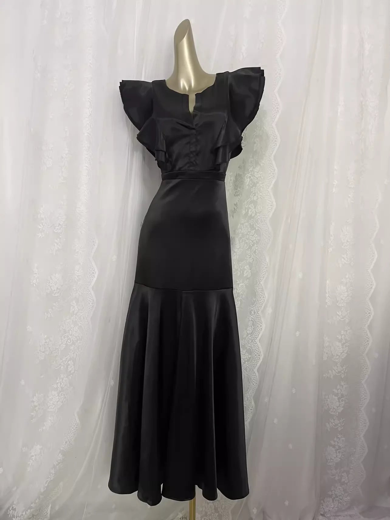 Sheath Travel Vacation Black Backless Satin Beach Dress Vintage Long Prom Dress