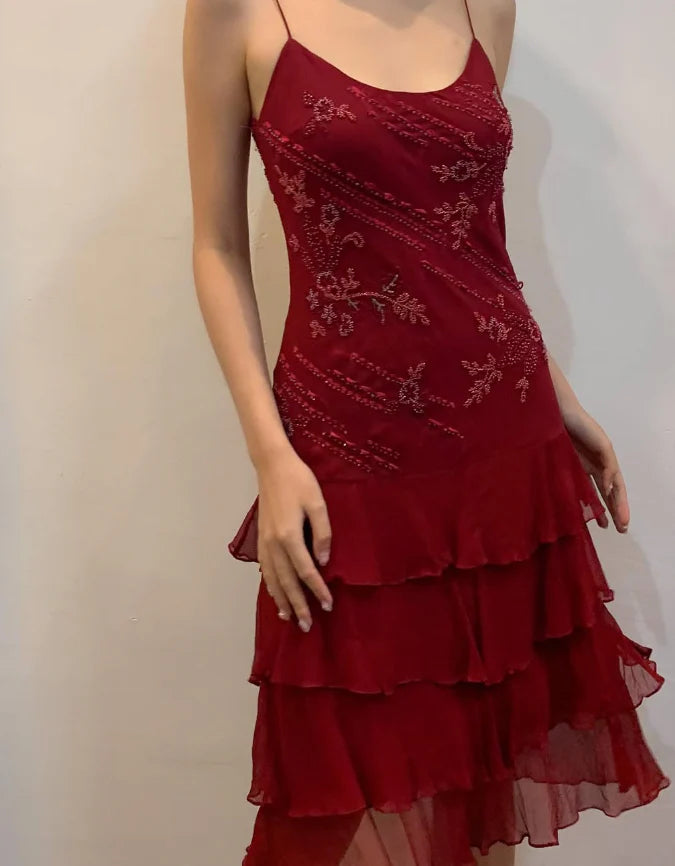 Burgundy Vintage A Line Spaghetti Strap Tiered Beaded Chiffon Evening Dress