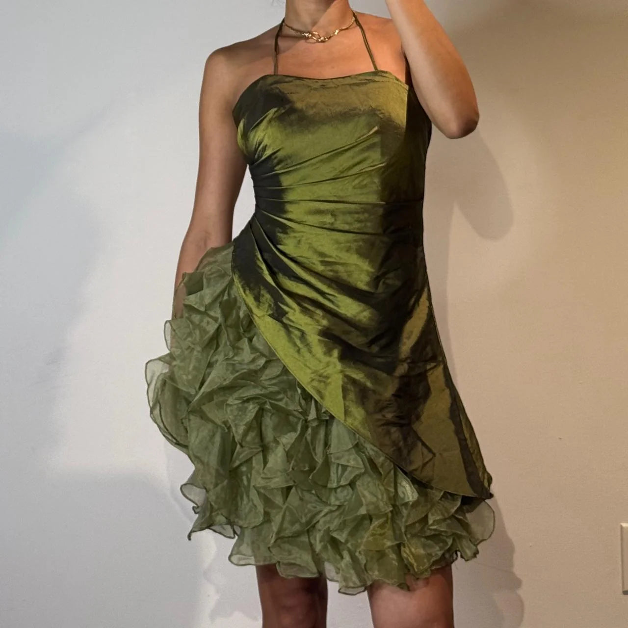 Fashionable Dark Green Spaghetti Strap A-Line Satin Tulle Short Prom Dresses Homecoming Dresses
