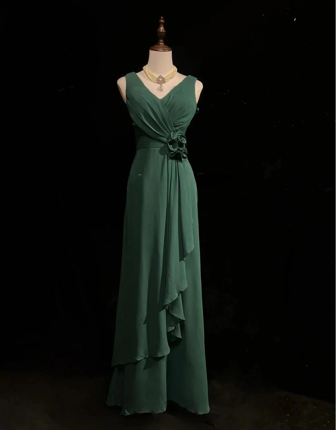 Simple Dark V-neck Chiffon A-Line Bridesmaids Dress, Elegant Green Evening Dress