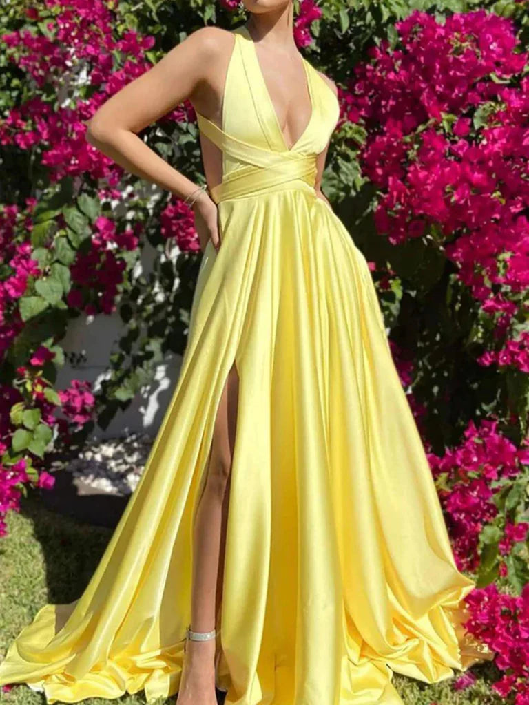 Simple Backles Yellow Satin Long Formal Evening Graduation Dresses with High Slit