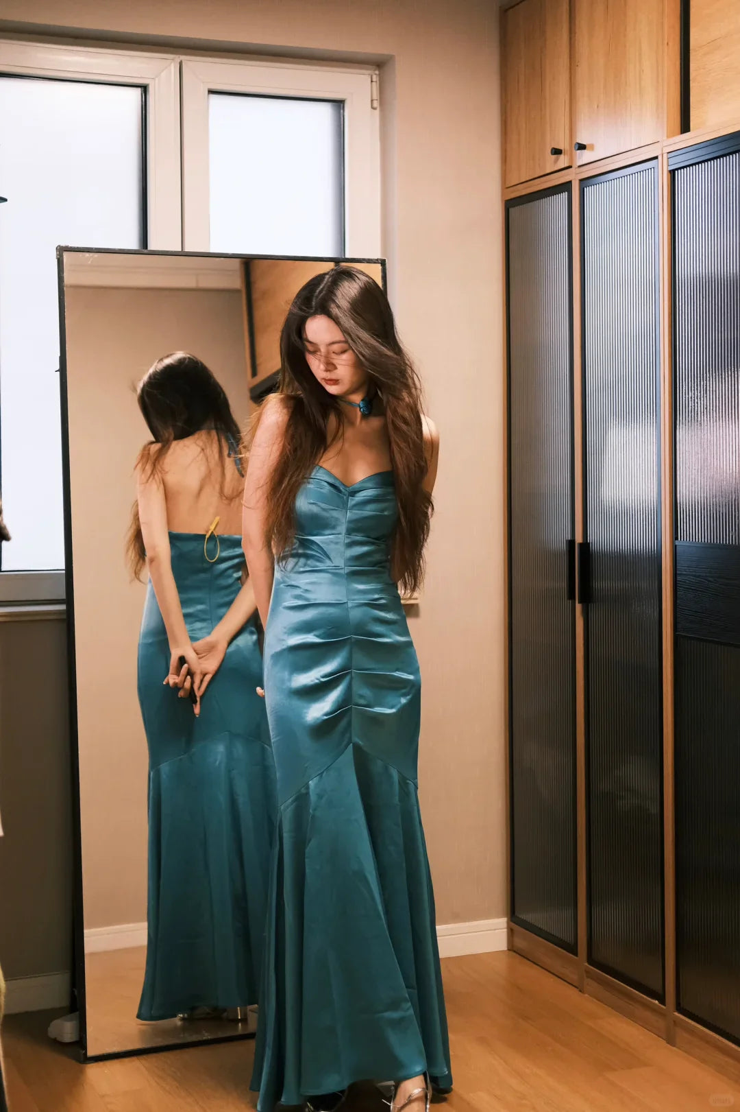 Sweetheart Neck Pleated Blue Satin Party Dress Gentle Mermaid Evening Dress