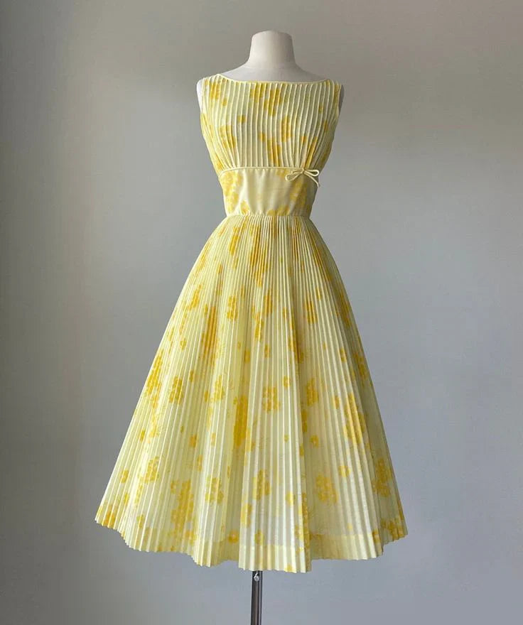 Vintage A Line Yellow Print Floral Chiffon Tea Length Prom Dress