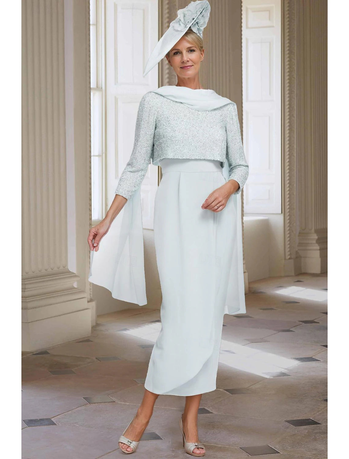 Beach Wedding Two Piece Sheath Mother of the Bride Dress Elegant Jewel Neck Tea Length Chiffon 3/4 Length Sleeve with Solid Color 2025 free custom size