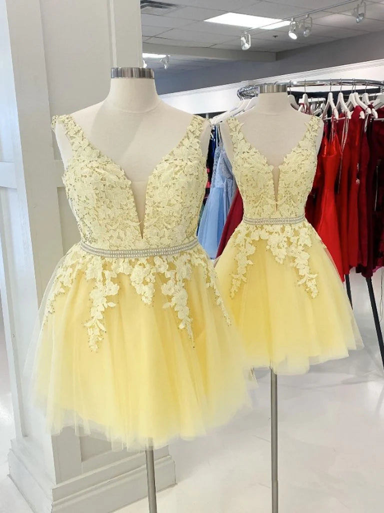Yellow v neck tulle lace short prom dress Unique design homecoming dress