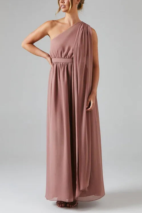 One Shoulder Drape Chiffon Retract Your Waist Maxi Bridesmaid Dress