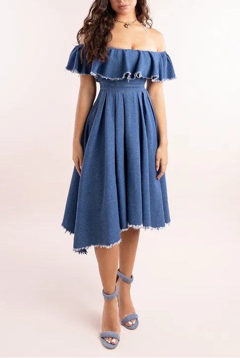 Denim Frilled Bardot Retract Your Waist High Low Bridesmaids Dress