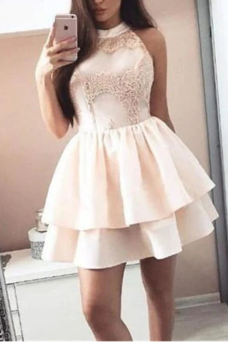 Sleeveless Mini Homecoming Dresses A Line Two Layers Short Prom Dress with Appliques