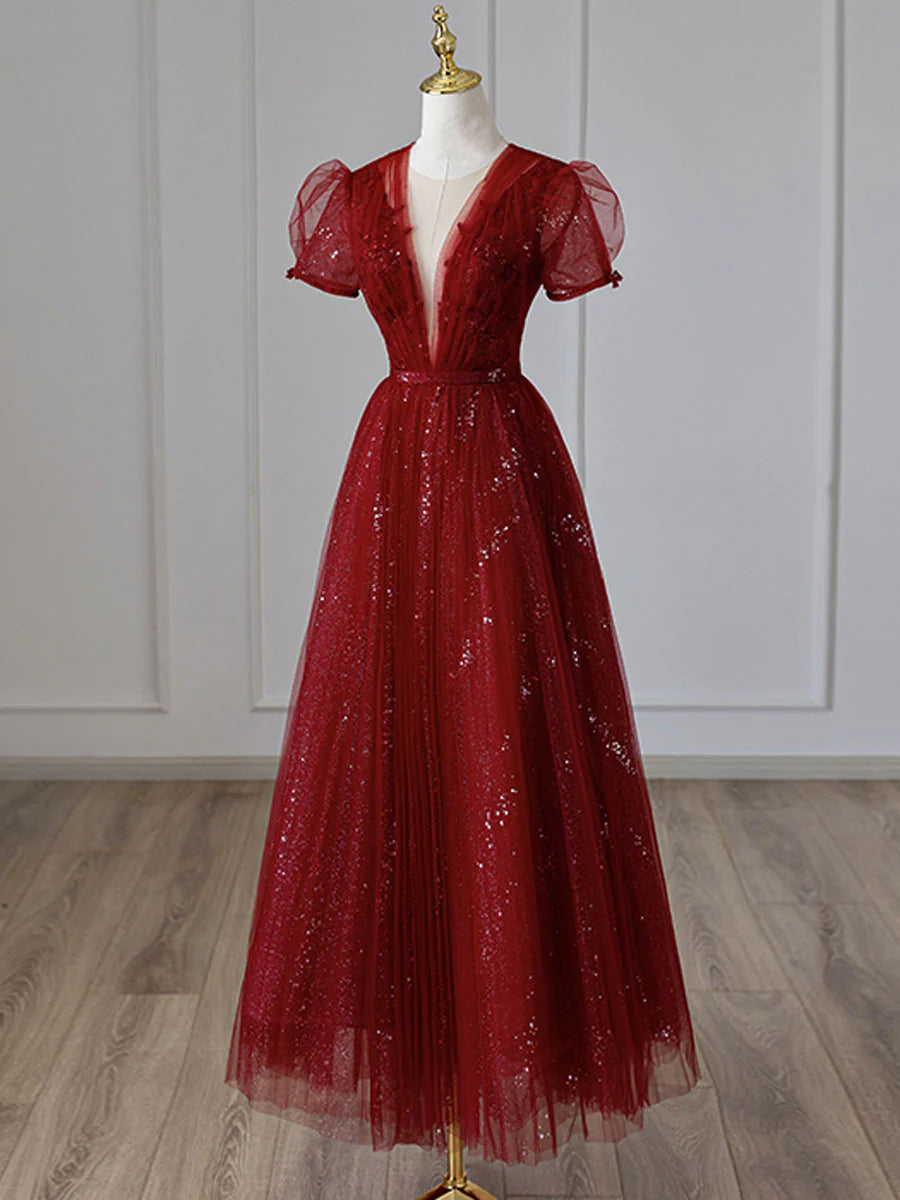 V Neck Tulle Sequin Tea Length Burgundy Prom Dress, Full of charm Evening Dress