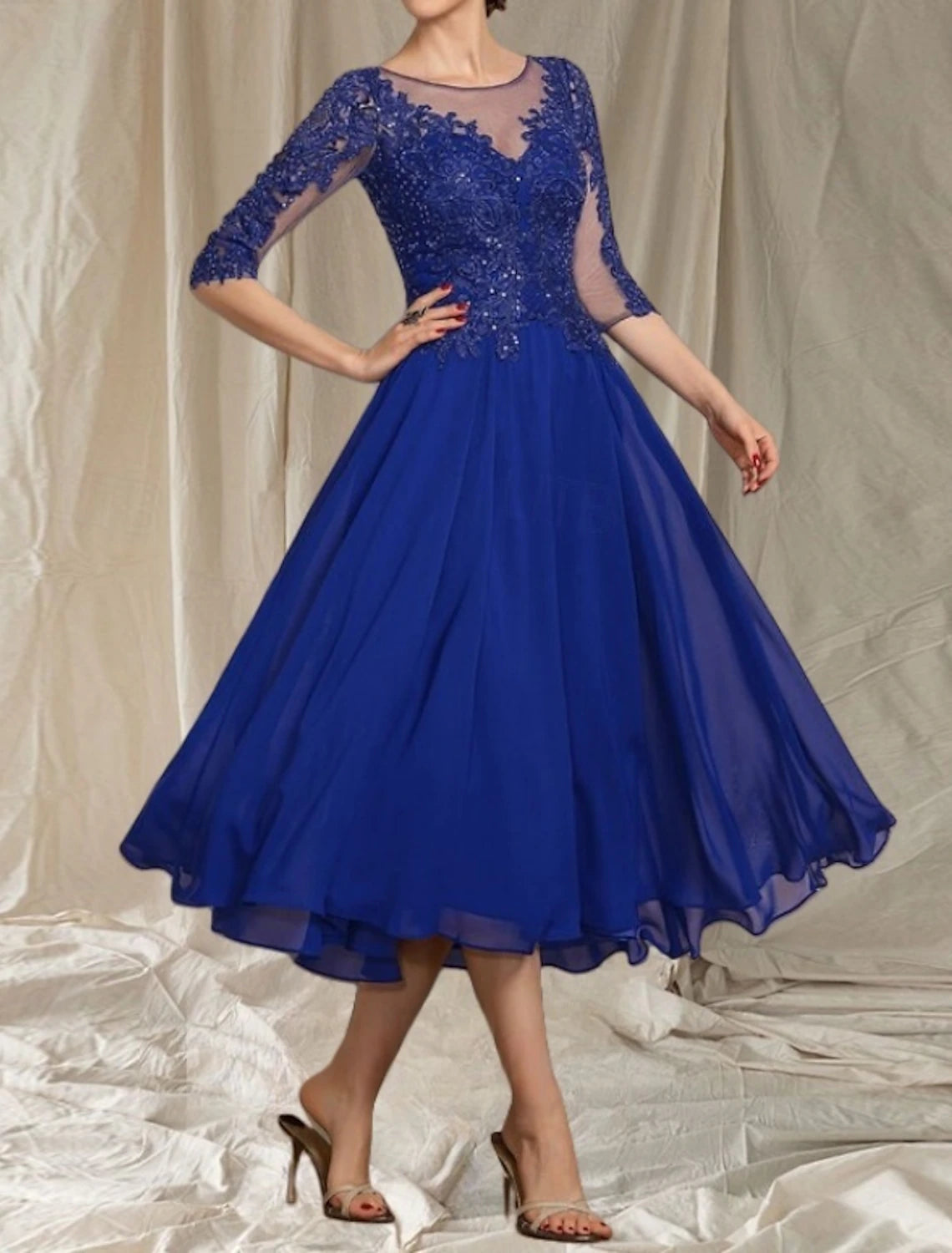 A-Line Mother of the Bride Dress Wedding Guest Elegant Crew Neck Tea Length Chiffon Tulle Half Sleeve with Beading Appliques Midi Dress