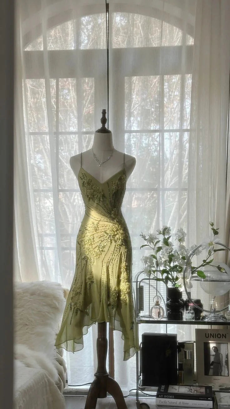 Gentle Mermaid Spaghetti Strap Beaded Flower Green Chiffon Party Dress