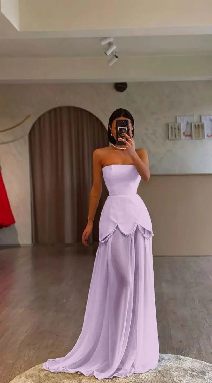 Strapless A-Line Chiffon Long Prom Dresses Elegant Purple Formal Evening Gowns