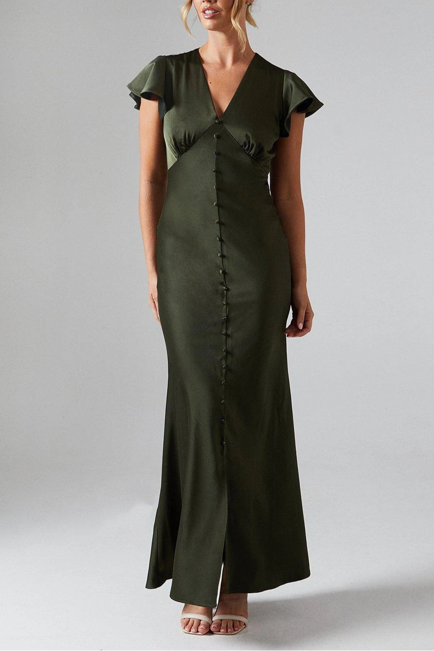 Button Detail V Neck Satin Elegant and gentle Bridesmaids Midaxi Dress
