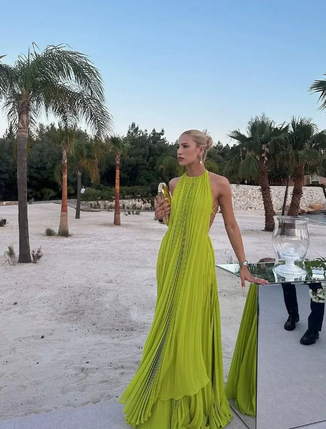 Green A LineChiffon Open Back Long Prom Dress Halter Evening Dress