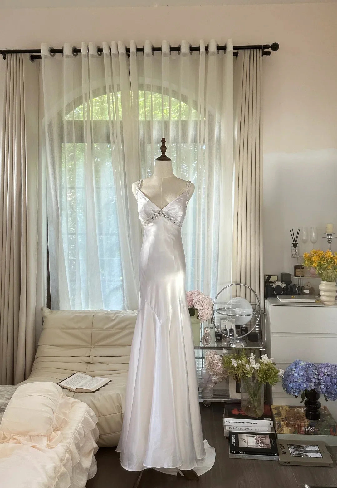 Classy Mermaid V Neck Beaded White Satin Long Open Back Party Dress