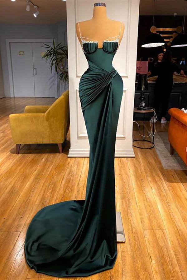 GORGEOUS DARK GREEN SPAGHETTI-STRAPS MERMAID PROM DRESS WITH BEADINGS DRESS