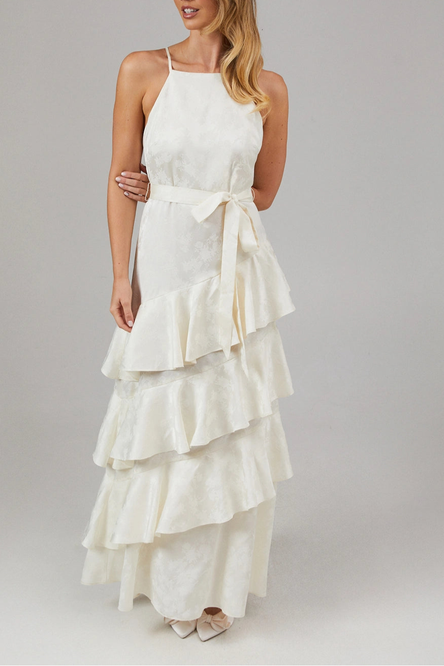 Satin Jacquard Ruffle Halter Neck Elegant and gentle Bridesmaids Dress