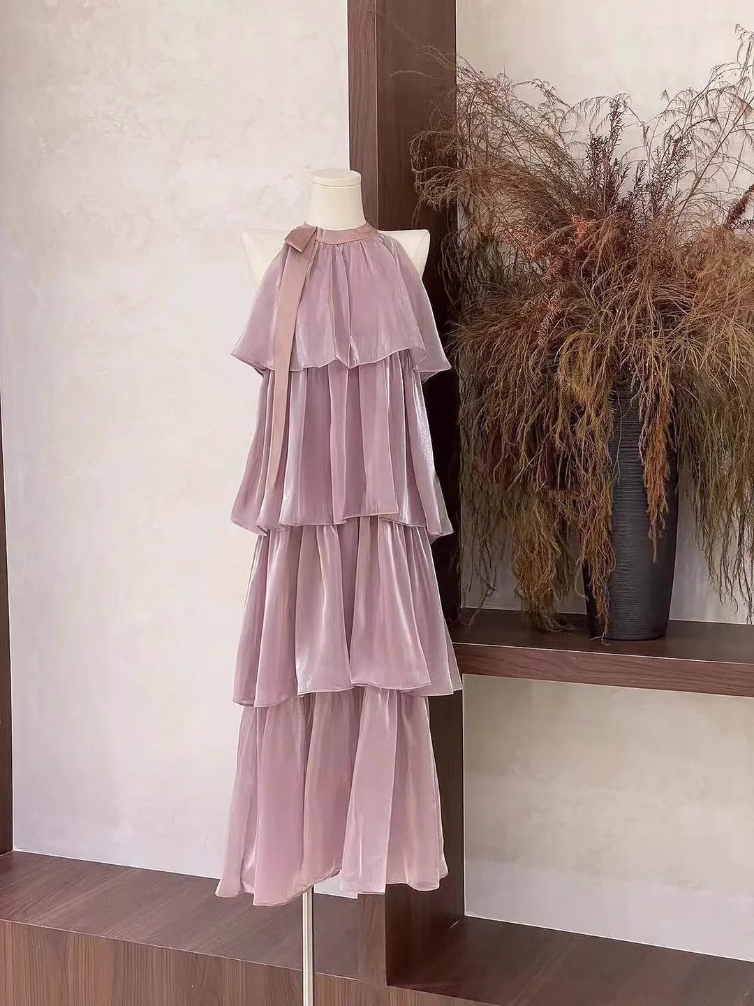 Cute A line Scoop Ruffled Long Women's Rose Pink Vacation Homecoming Dresses