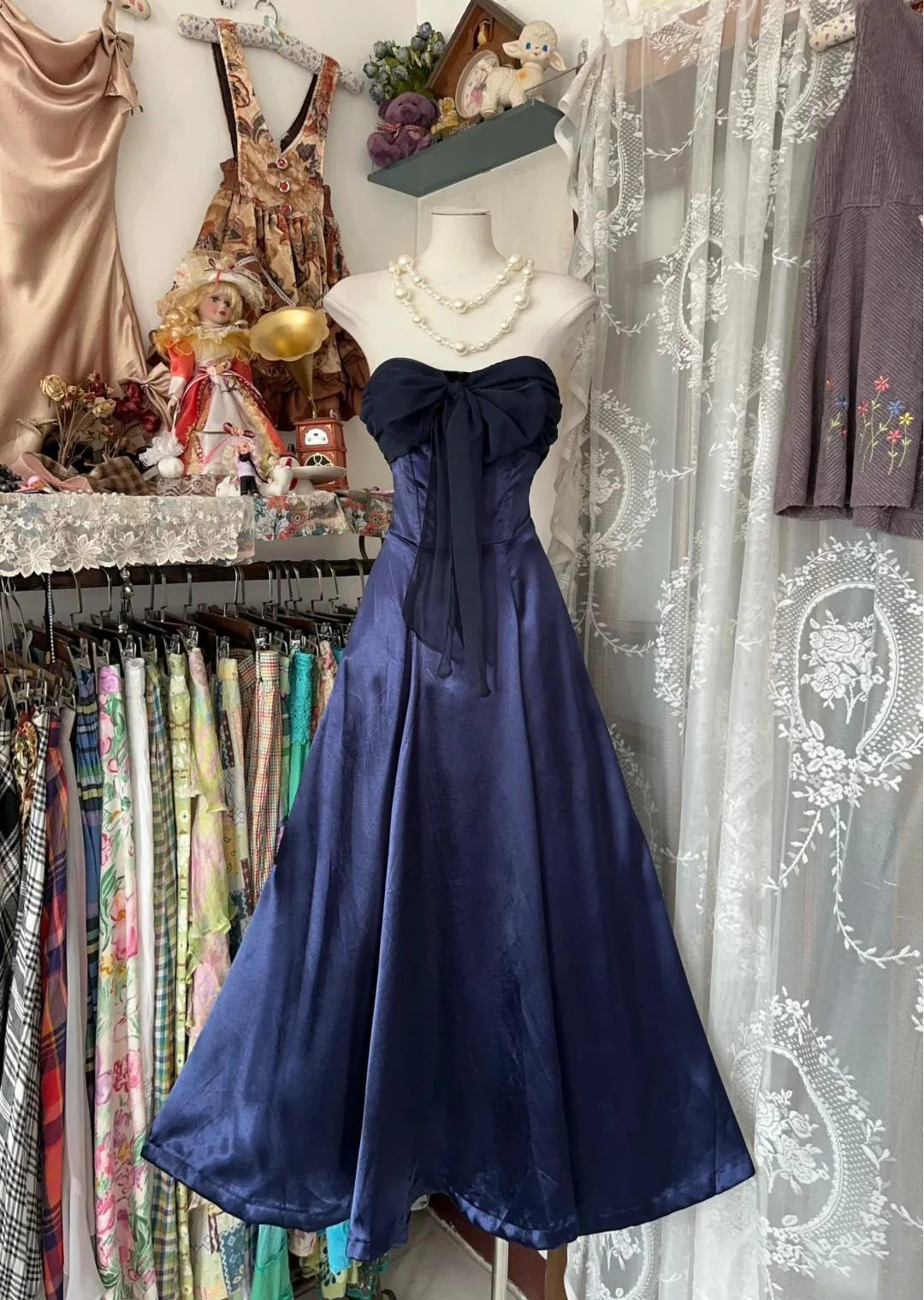 Elegant Navy Strapless Satin Mermaid Unique design Short Party Dresses