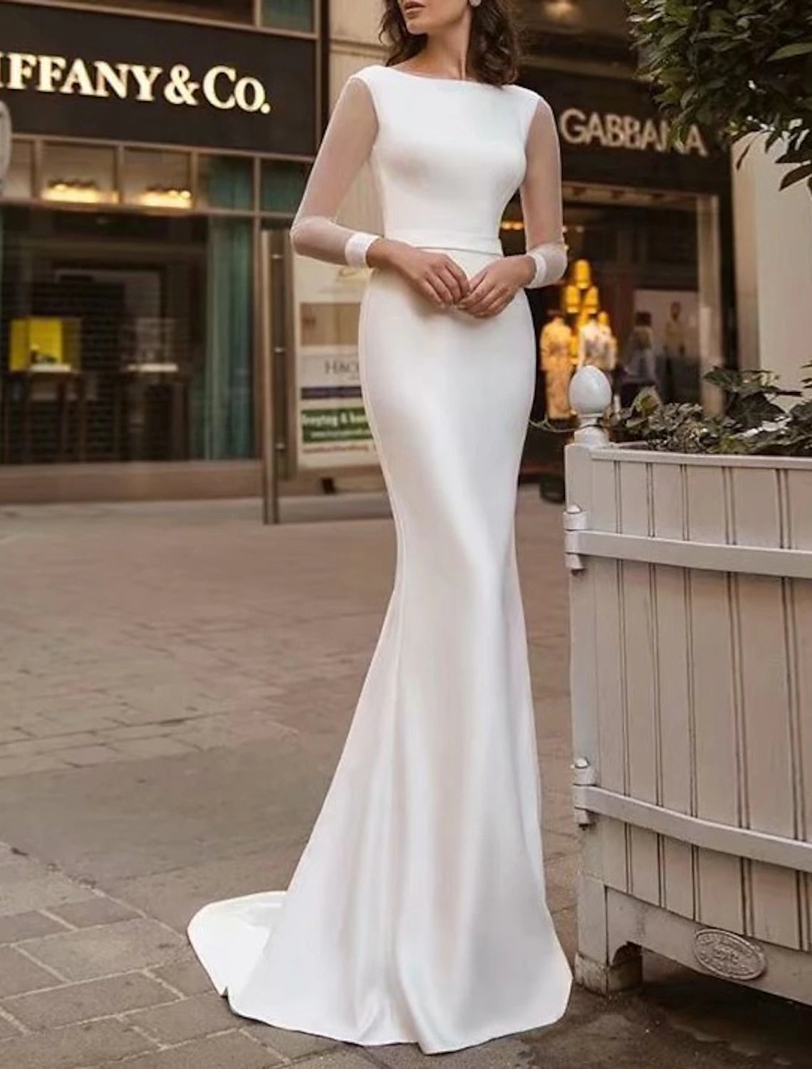 Reception Royal Style Train Satin Simple Wedding Dresses Mermaid Scoop Neck Long Sleeve Sweep Bridal Gowns With Solid Color Summer Wedding Party dress
