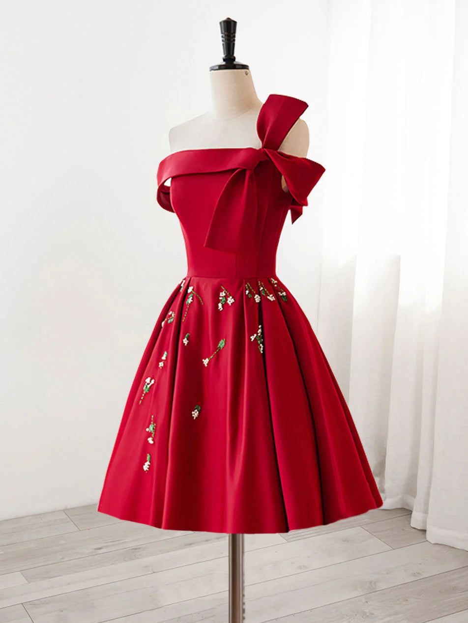 A-Line Satin Burgundy Short Prom Dress,  Unique design Homecoming Dress with Beading