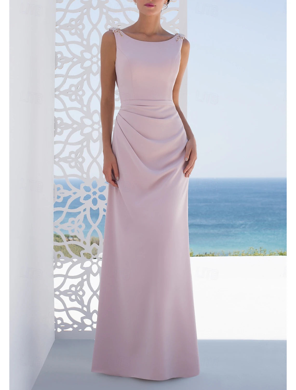 Mermaid / Trumpet / Sheath / Column Bridesmaid Dress Bateau Neck Sleeveless Pink Floor Length Stretch Fabric with Ruching / Solid Color