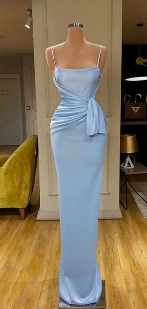Blue Mermaid Simple Unique Spaghetti strap Sleeveless Long Prom Dresses