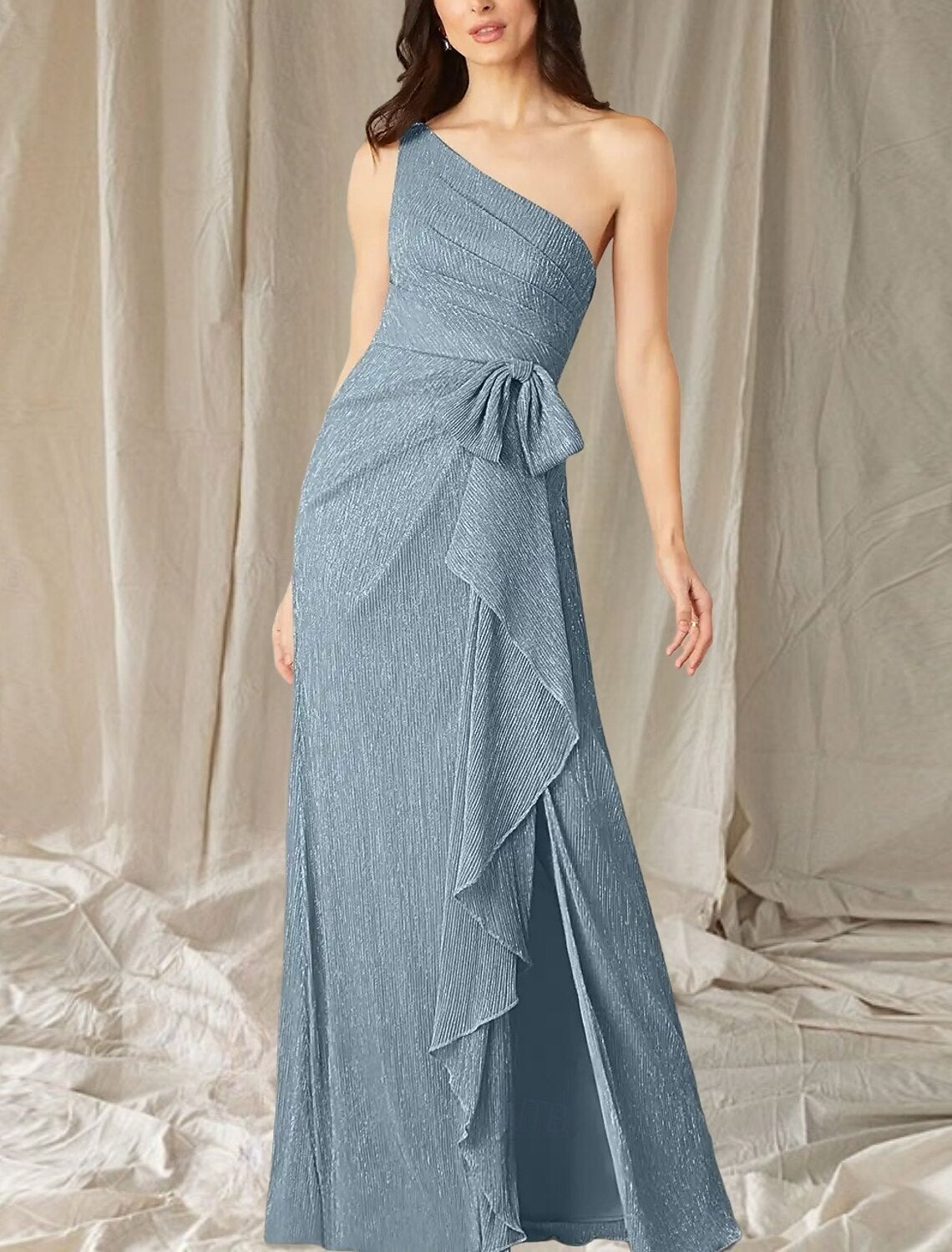 A-Line Mother of the Bride Dress Wedding Guest Elegant High Split One Shoulder Floor Length Stretch Chiffon Sleeveless with Ruffles Split Front Ruching
