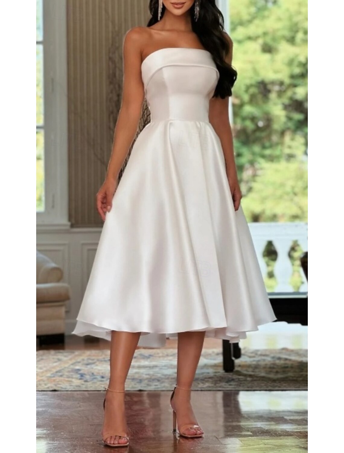 Engagement Sweetheart Sleeveless Little White Dresses Wedding Dresses A-Line Tea Length Satin Bridal Gowns With Pleats Solid Color