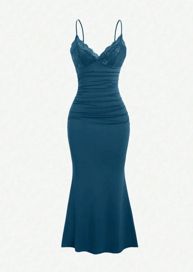 Spaghetti Straps Mermaid Evening Dress Satin Lace Classic Teal Short Party Dress