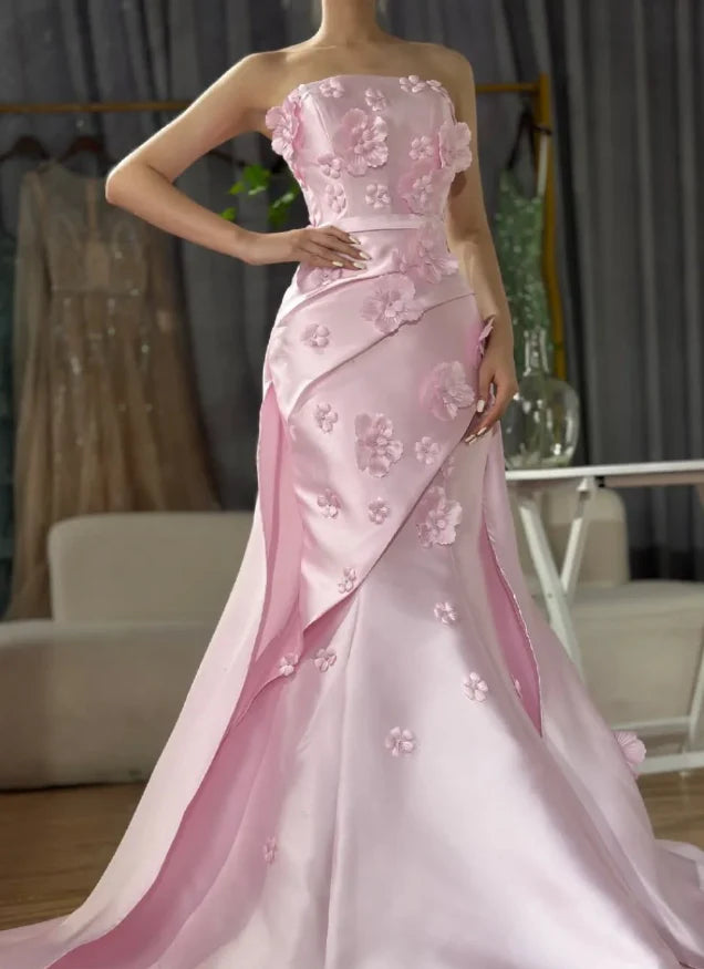 Sweet Pink Mermaid Strapless Prom Dress 3D Floral Satin Evening Dress