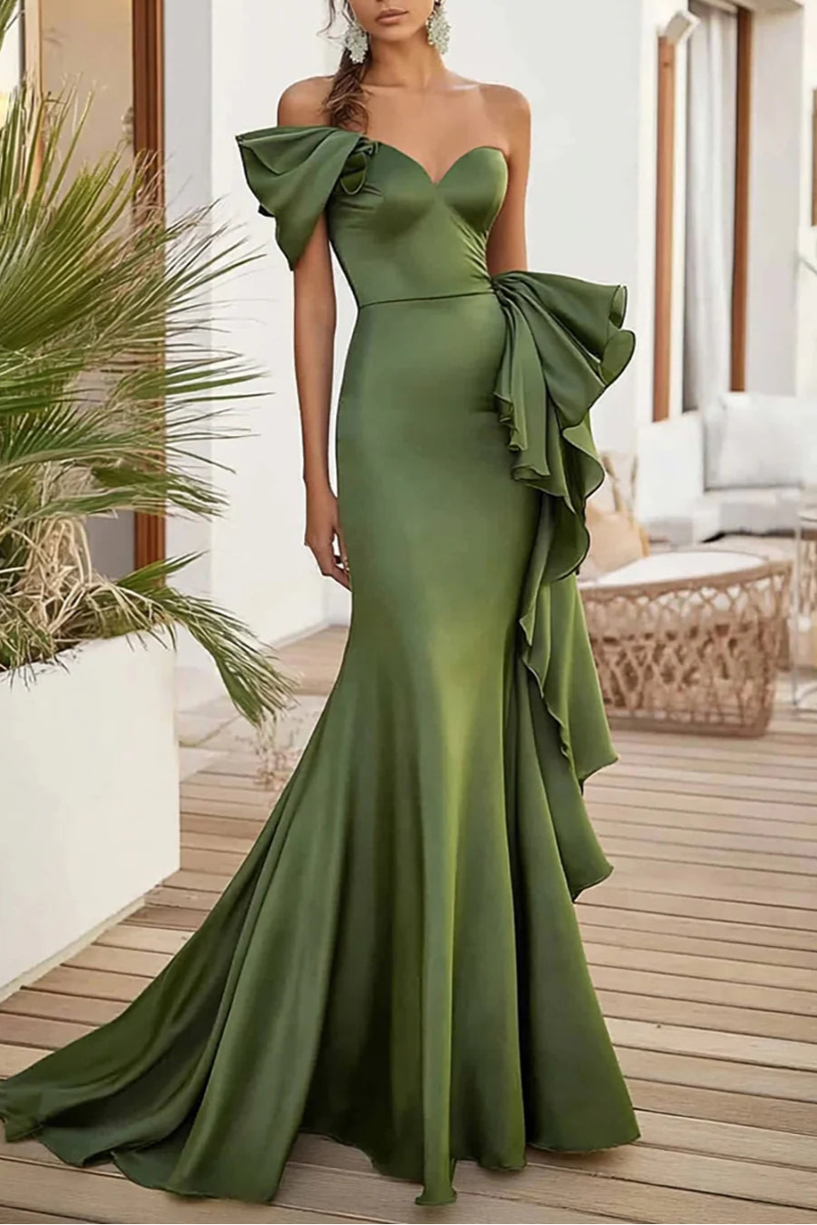 Olive Mermaid Satin Long Sweetheart Formal Evening Dress With Ruffles