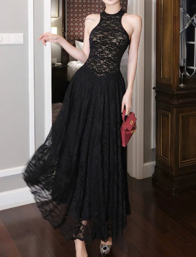 A Line Round Neck Lace Long Prom Dress Elegant White Evening Dress