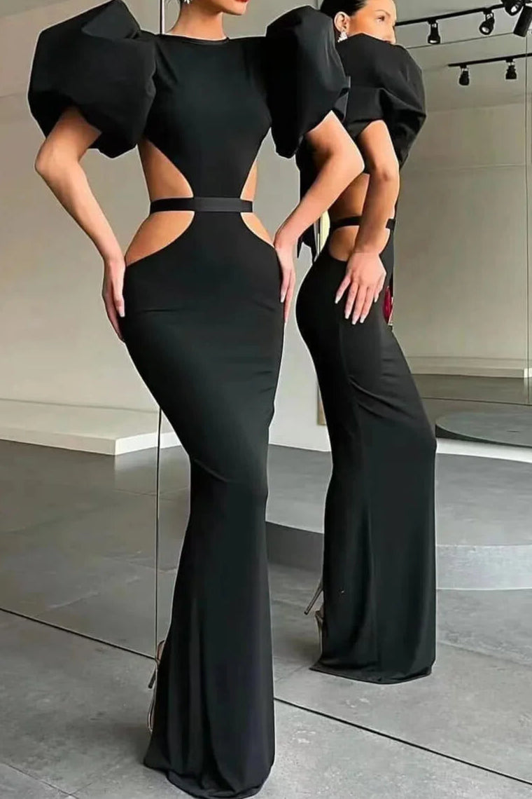 Full of charm Shine Black Mermaid Puff Sleeves Evening Dress Online