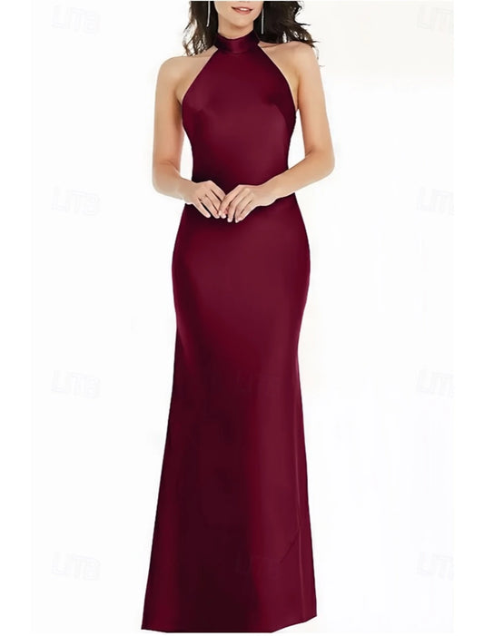 Mermaid / Trumpet Bridesmaid Dress Halter Neck Short Sleeve Elegant Floor Length Satin with Bow