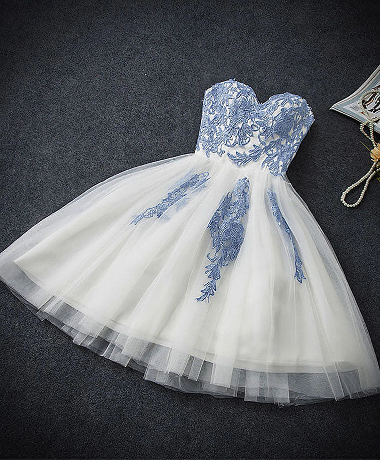 Cute Blue Tulle Lace Short Prom Dress, Sweetheart Neck Homecoming Dress