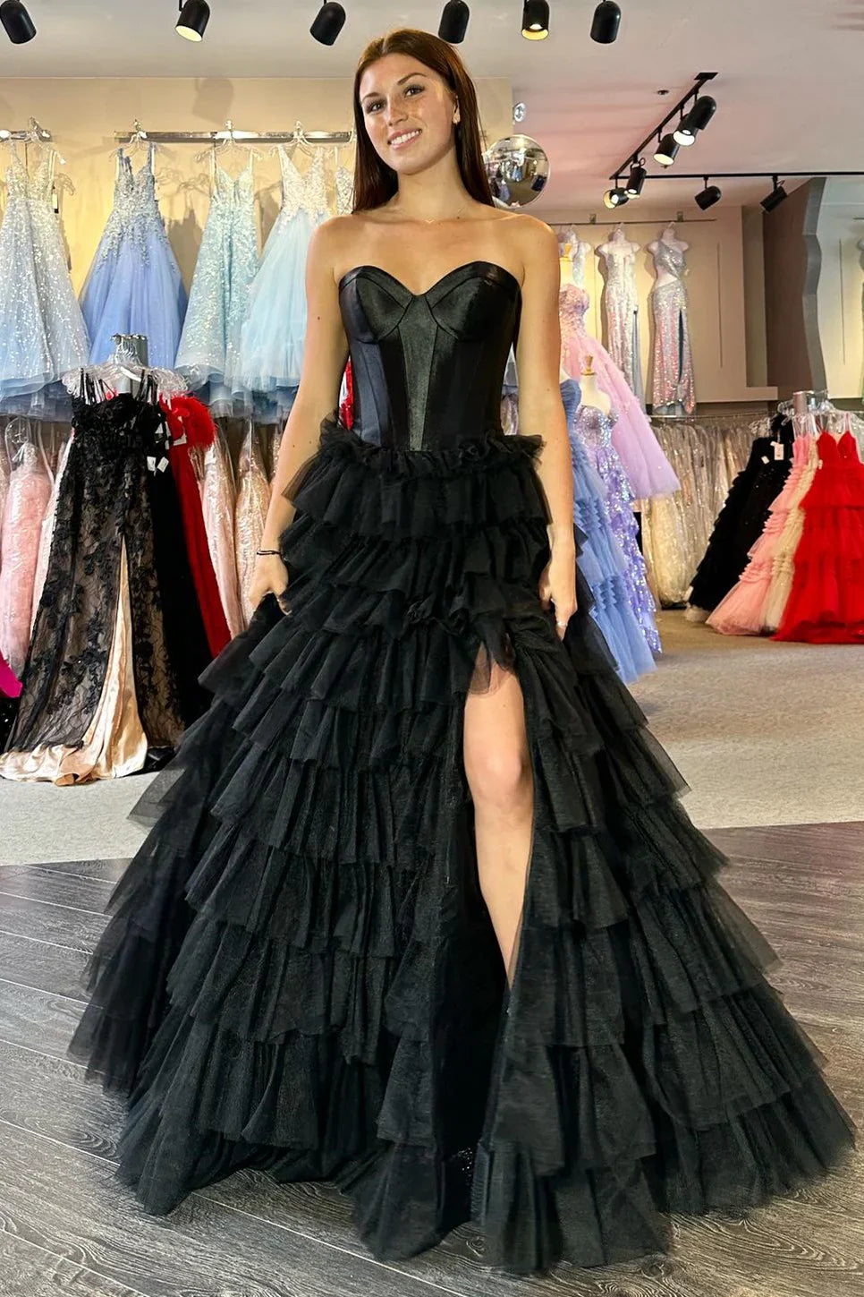 Black A Line Sweetheart Neck Layered Satin Tulle Long Wedding Guest Dress