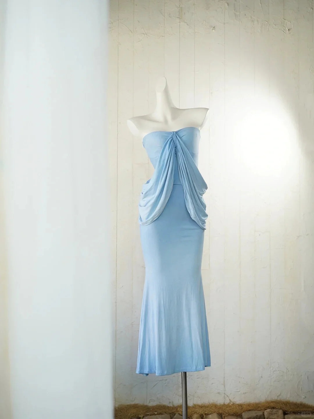 Light Blue Strapless Party Dress Elegant Simple Mermaid Evening Dress