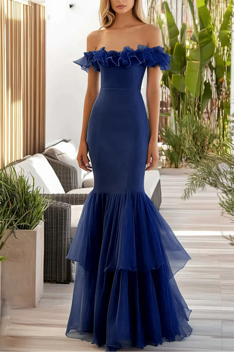 Navy Mermaid Off The Shoulder Ruffles Long Formal Evening Dress