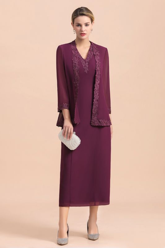 Grape Chiffon 2 Piece Mother of Bride Dress Wedding Guest Suits with Wraps Lace Appliques