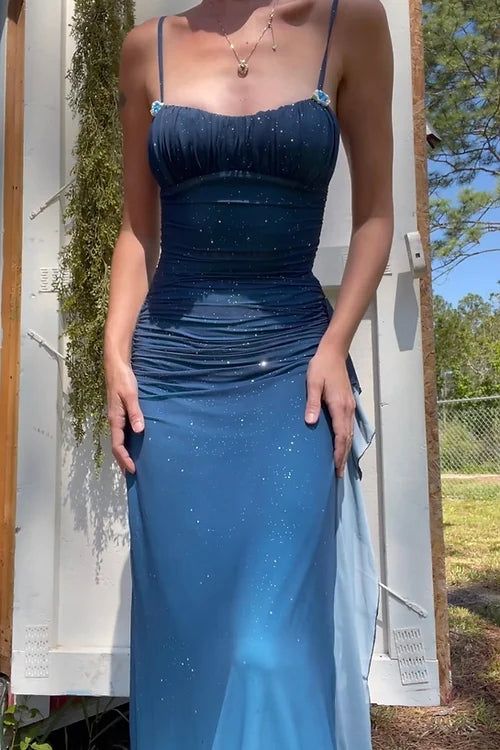 Spaghetti Straps Blue Ombre Chiffon Evening Dress Sexy Sheath Party Dress