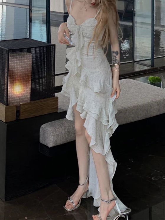 Sweet hot girl style irregular ruffled floral suspender long party dress