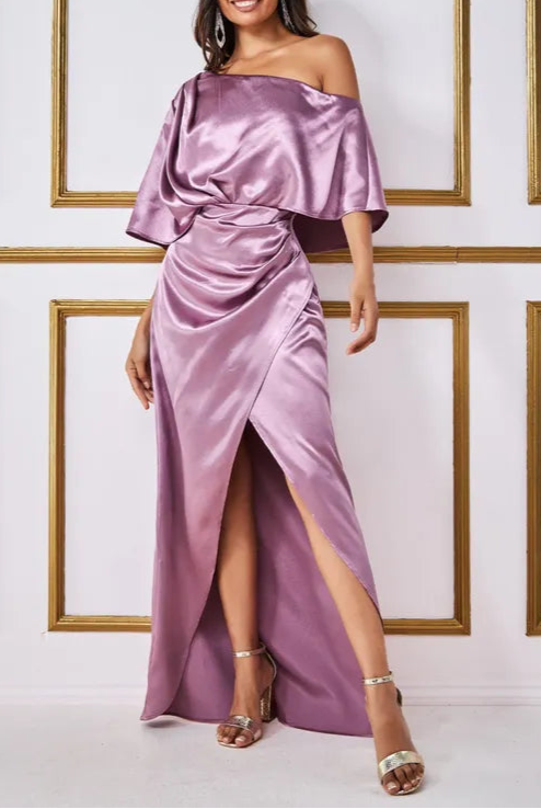 Full of charm Satin Drape Shoulder Wrap Maxi Bridesmaids Dress